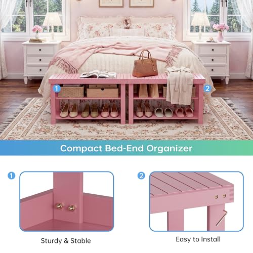 SMIBUY Bamboo Shoe Rack Bench, 3-Tier Shoe Organizer Storage Shelf for Entryway Hallway Bathroom Living Room (Pink) - color: Pink