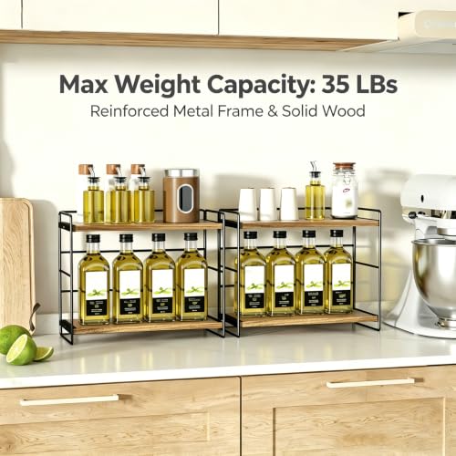 SRIWATANA 2 Pack Bathroom Counter Organizer, 2 Tier Countertop Organizers, Kitchen Counter Shelf Spice Rack Countertop Storage Wood Shelf - Carbonized Black