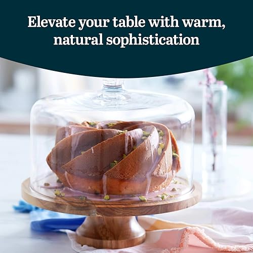 Libbey Acacia Wood Cake Stand with Lid, Footed Cake Stand With Cover, Durable Ball Top Handle Glass Dessert Dome - color: Footed Round