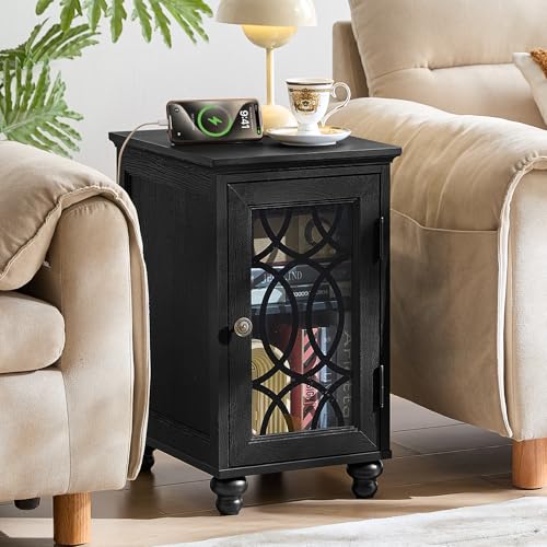 Joaxswe Narrow Side Table with Charging Station, Night Stand with Glass Door, Bedside End Tables with Adjustable Shelf Storage Cabinet,Wood Nightstand for Small Spaces Living Room Bedroom - color: Classic Black, size: with Charger