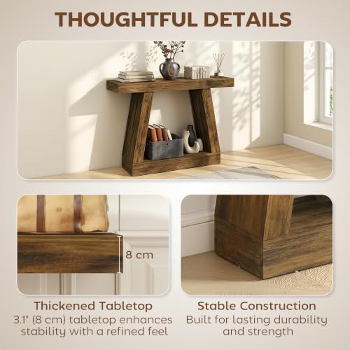 HOMCOM 41.7" Narrow Entryway Table with Thickened Tabletop, Rustic Brown | 2-Tier Farmhouse Console Table, Storage Shelf, Trapezoidal Base, Behind Couch Sofa, Living Room, Hallway, Entrance - size: 41.7" W
