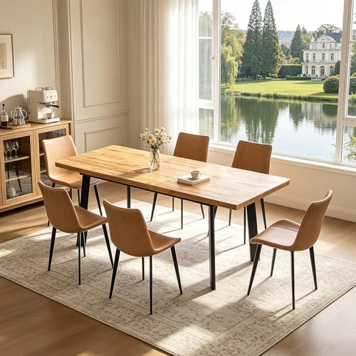 Extendable Dining Table Set for 6 to 8 People, 63" to 78.7" Modern Kitchen Table Set with 6 Leather Chairs, MDF Dining Room Table and Chairs with Removable Extension Leaf (Walnut Table+Brown Chairs) - color: 63'' - 78.7'' Walnut Table+6 Brown Chairs