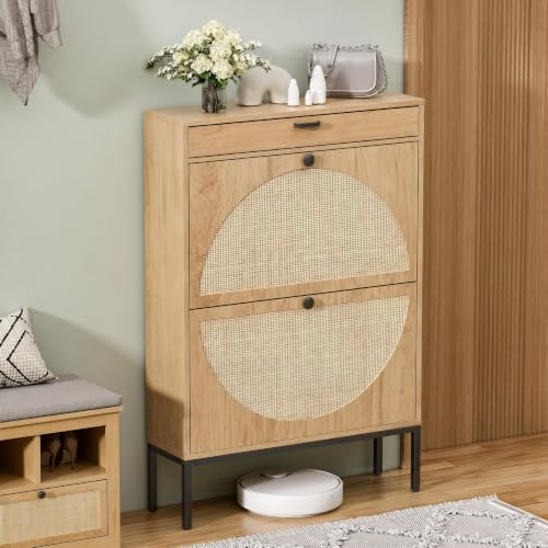 Shoe Rack Storage Organizer with 2 Natural Semi-Circular Rattan Doors, Large Entryway Wooden Shoe Cabinet for Sneakers, Leather Shoes, Slippers (1 Piece, Light Beige) - color: Light Beige