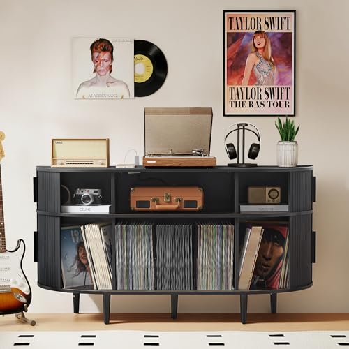 Large Record Player Stand, 55'' Wood Vinyl Record Storage Cabinet with Charging Station & USB Ports, Curved Turntable Table Open Shelf Holder Up to 300 Albums for Living Room(55'' Black) - color: Large,without Wood Grain,black