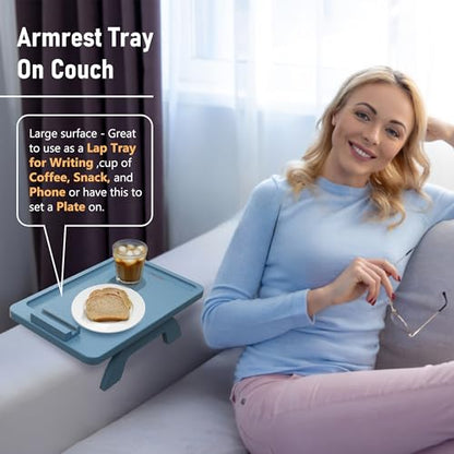 SINWANT Couch Arm Tray, Bamboo Sofa Clip on Tray Tables with 360° Phone Holder,Folding Anti Slip Couch Armrest Table for Snacks,Drinks,Remotes 15.35"x9.85" - color: Blue
