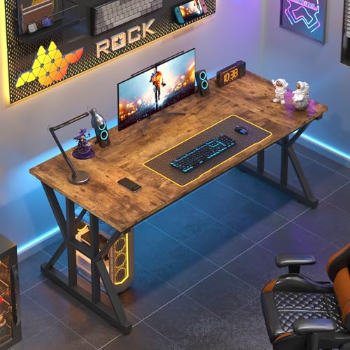 TVU Computer Desk, 55 inch Large Office Desk, Study Writing Table with Thicken Frame, Gaming Desk, Modern Simple Desk for Home Office, Rustic Brown - color: Rustic Brown, size: 55inch