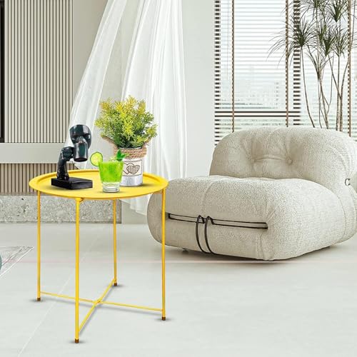 Garden 4 you Small Side Table, Round End Table, Outdoor Side Table with Metal Frame, Bedside Table for Living Room, Bedroom, Patio, Small Space, Yellow - color: Yellow