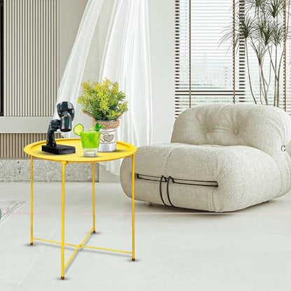 Garden 4 you Small Side Table, Round End Table, Outdoor Side Table with Metal Frame, Bedside Table for Living Room, Bedroom, Patio, Small Space, Yellow - color: Yellow