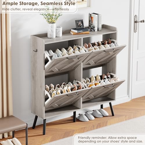Shoe Cabinet with 4 Flip Drawers, Freestanding Shoe Organizer Cabinet, Farmhouse Narrow Shoe Storage Cabinet for Entryway, Foyer, Hallway - color: Light Grey