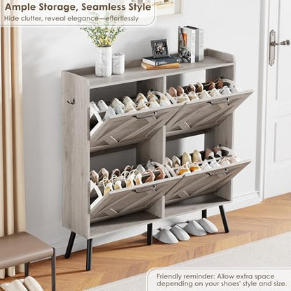 Shoe Cabinet with 4 Flip Drawers, Freestanding Shoe Organizer Cabinet, Farmhouse Narrow Shoe Storage Cabinet for Entryway, Foyer, Hallway - color: Light Grey