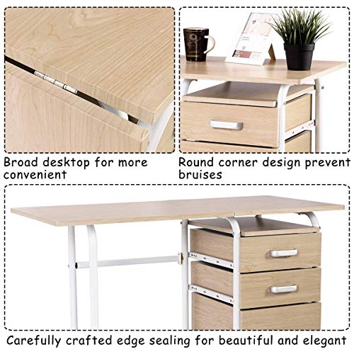Tangkula Folding Computer Desk with 3 Drawers, Mobile Home Office Desk, Portable Laptop Desk Writing Table, Space Saving Compact Desk for Small Spaces, Dorm, Apartment - color: Beige