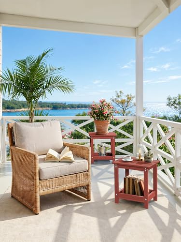 LUE BONA Small Outdoor Side Table, 2-Tier HDPE with Rail, Red | Outdoor End Table with Rail for Patio, Deck, Poolside, Weather Resistant HDPE, Low Maintenance, Easy to Clean - color: Red