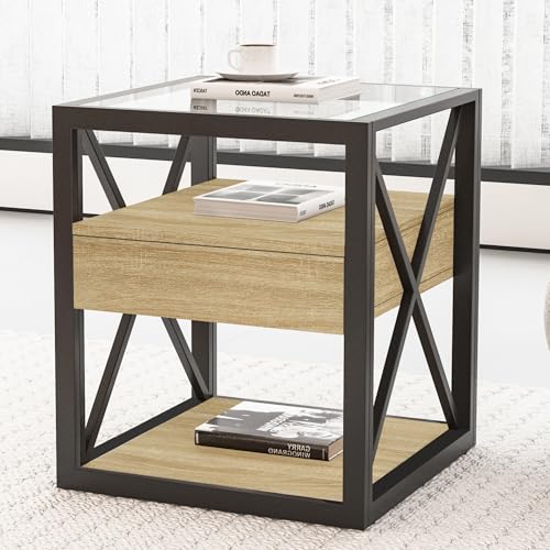 Bellemave 1 piece Small End Table with Drawer, Nightstand for Bedroom & Living Room, Wood MDF &Tempered Glass, Metal Frame, Industrial Style Side Table,Easy Assemble, Natural - style: with drawer