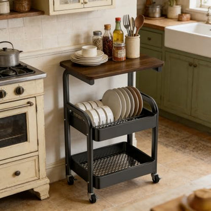 Multi-Purpose 3 Tier Rolling Cart with Walnut Table Top, Metal Utility Storage Cart with Lockable Wheels for Kitchen, Bathroom, Coffee Bar and Daily Organizing