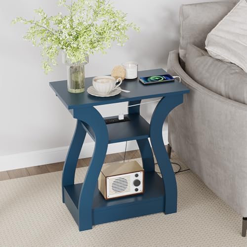 FROMJBEST End Tables Living Room, End Table with Charging Station Navy Blue | Side Table Living Room, with USB Ports and Outlets, Nightstand for Bedroom, 3-Tier Storage Shelf, Bedside Table - color: Navy Blue