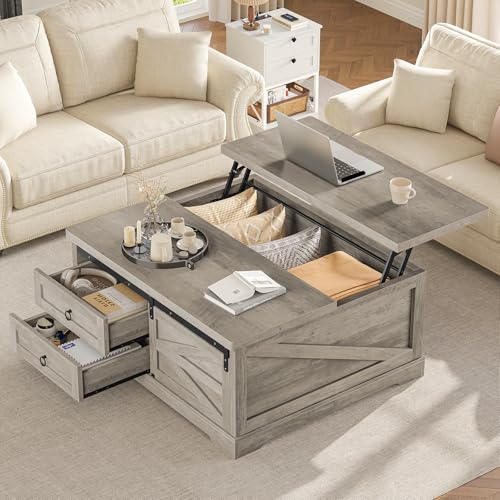 Itaar 39.4'' Lift Top Coffee Table with Storage, Farmhouse Coffee Tables for Living Room, Square Coffee Table with Large Hodden Compartment & 2 Drawrs & Adjustables Shelves (Gray) - color: Grey