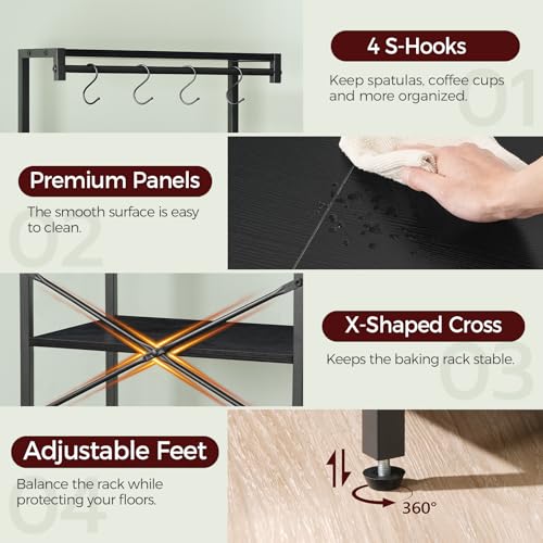 MAHANCRIS Bakers Rack with Drawer, Microwave Stand with Power Outlet, Coffee Bar Station with 4 Hooks, Kitchen Storage Shelf Rack 4 Tiers, for Kitchen, Dining Room, Black BRBK48E01 - color: Black