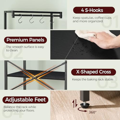 MAHANCRIS Bakers Rack with Drawer, Microwave Stand with Power Outlet, Coffee Bar Station with 4 Hooks, Kitchen Storage Shelf Rack 4 Tiers, for Kitchen, Dining Room, Black BRBK48E01 - color: Black