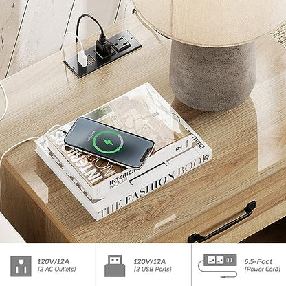 WAMPAT Farmhouse End Table Nightstand with Charging Station, Small Side Table with 2 Drawers for Living Room, Light Wood Night Stand Bedside Table for Bedroom, Oak - color: Oak