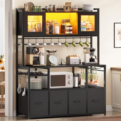 Itaar Bakers Rack with Power Outlet and LED Light, 47.2'' Microwave Stand with Storage, Kitchen Coffee Bar Cabinet with Glass Door, 4 Drawer, Wine Rack, Goblet Holder and 12 Hooks, Black - color: Black