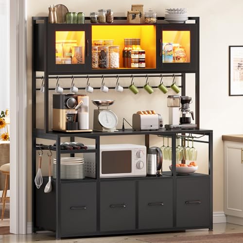 Itaar Bakers Rack with Power Outlet and LED Light, 47.2'' Microwave Stand with Storage, Kitchen Coffee Bar Cabinet with Glass Door, 4 Drawer, Wine Rack, Goblet Holder and 12 Hooks, Black - color: Black