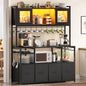 Itaar Bakers Rack with Power Outlet and LED Light, 47.2'' Microwave Stand with Storage, Kitchen Coffee Bar Cabinet with Glass Door, 4 Drawer, Wine Rack, Goblet Holder and 12 Hooks, Black - color: Black