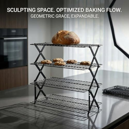 4-Tier Collapsible Cooling Rack for Baking | Adjustable Stackable Wire Rack for Cookies, Cakes & Roasting | Space-Saving Foldable Design for Small Kitchens & Camping (Black) - color: Black