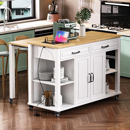 47 Extendable Countertop Coffee Station, Kitchen Storage Cabinets with Power Outlet, Kitchen Island Table with Rubber Wood Veneer for Kitchen use, White - color: White