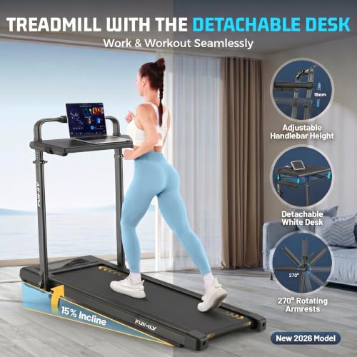 FUNMILY Upgrade Walking Pad Folding Treadmill with 12%/15% Incline & Handle Bar, 3.5HP Foldable Under Desk Compact Treadmills for Home/Office/Gym, 400+lb Capacity, Shock Absorption - color: Midnight Black