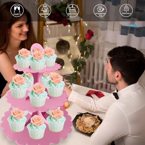 3-Tier Pink Cupcake Stand, Heart Handle Dessert Display Tower, Perfect for Girl Birthday Baby Shower Small Parties, Easy Assembly (1-Pack) ﻿ - color: Pink 1 Pack