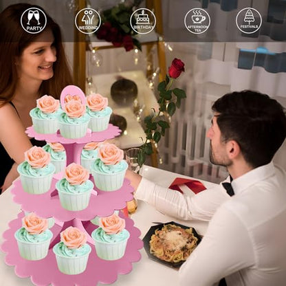 3-Tier Pink Cupcake Stand, Heart Handle Dessert Display Tower, Perfect for Girl Birthday Baby Shower Small Parties, Easy Assembly (1-Pack) ﻿ - color: Pink 1 Pack
