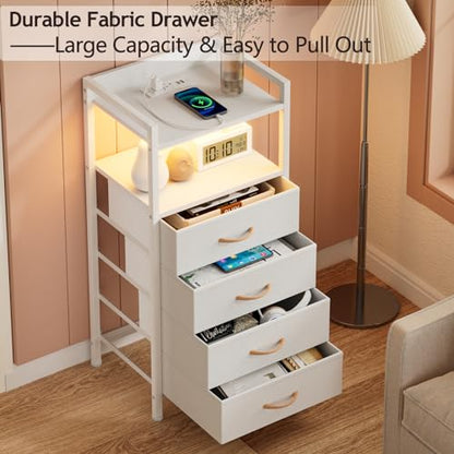 Furnulem White Nightstand with Charging Station,Small Dresser for Bedroom | 4 Drawer Tall Bedside Table with LED light & Remote Control, Metal Frame and Fabric Bins,Wood Desk Top,Easy Assemble for Dorm - color: White