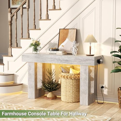 Unikito 47" Entryway Table with Socket and Sensor Light, Narrow Console Table with Storage Behind Couch, Farmhouse Entry Way Tables with Open Storage for Entrance/Hallway/Living Room, White Oak | Narrow Console Table with Storage Behind Couch, Farmhouse F
