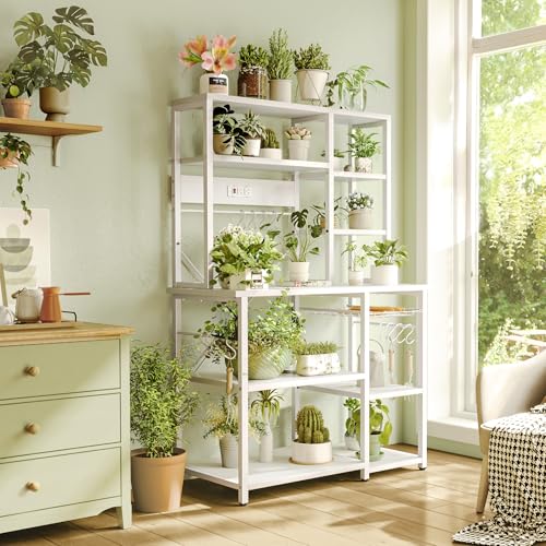 SUPERJARE Large Bakers Rack with Power Outlets, 6-Tier Microwave Stand, Coffee Bar with 12 S-Shaped Hooks, Kitchen Shelf with Wire Basket, 39.4 x 14.6X 66.9 Inches, White - color: White, size: 39.4inch