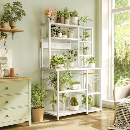 SUPERJARE Large Bakers Rack with Power Outlets, 6-Tier Microwave Stand, Coffee Bar with 12 S-Shaped Hooks, Kitchen Shelf with Wire Basket, 39.4 x 14.6X 66.9 Inches, White - color: White, size: 39.4inch