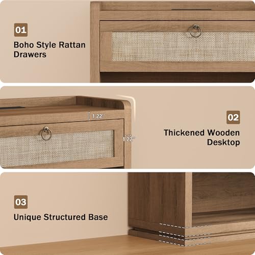 31" Wide Rattan Nightstand with Charging Station, End Side Table | Drawer & Open Shelf, Extra Large Night Stand, Farmhouse, Boho, Wood Bedside Table for Bedroom,Living Room,Office - color: Caramel Oak