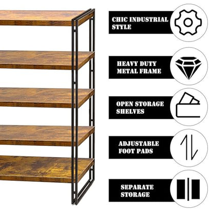 47" 5-Tier Bookshelf Rustic Wood and Metal Industrial Bookshelf for Home Office, Bedroom, Kitchen, Bathroom (Rustic Brown, 5-Tier) - color: Rustic Brown, size: 5-Tier