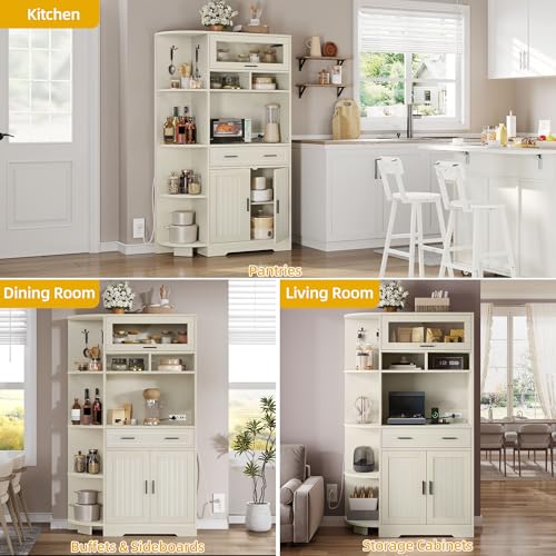 DWVO 67" Farmhouse Baker Rack with Power Outlets & Microwave Stand, White | Buffet Sideboard Cupboard Hutch with Drawer for Kitchen, Living Room, and Dining Room - color: White