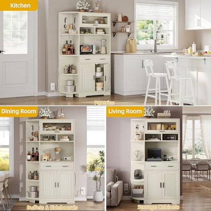 DWVO 67" Farmhouse Baker Rack with Power Outlets & Microwave Stand, White | Buffet Sideboard Cupboard Hutch with Drawer for Kitchen, Living Room, and Dining Room - color: White