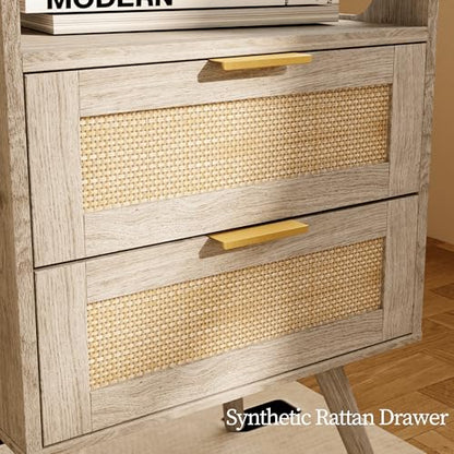 JOONEE Rattan Nightstand,Farmhouse Bedside Table with 2 Storage Drawer and Open Wood Shelf, for Bedroom and Small Spaces,Night Stand with Solid Wood Legs (Grey Oak) - color: Grey Oak