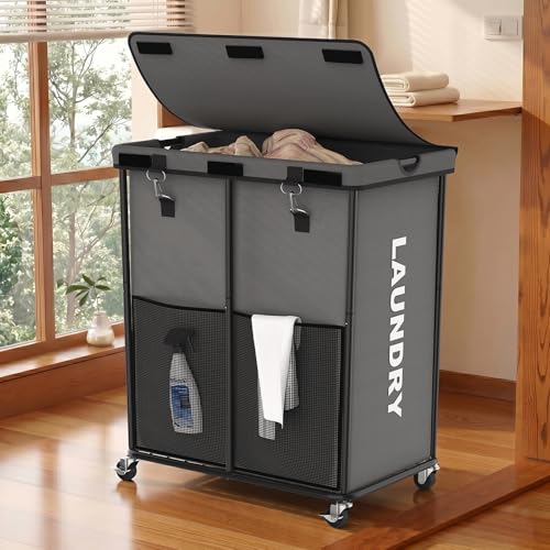 Laundry Hamper with Wheels and Lid, 225L Heavy Duty Rolling Laundry Basket, 110 lbs Capacity, Removable Inner Bag, Clothes Storage Organizer for Bedroom Bathroom Dorm, Gray - color: Gray, size: 225L