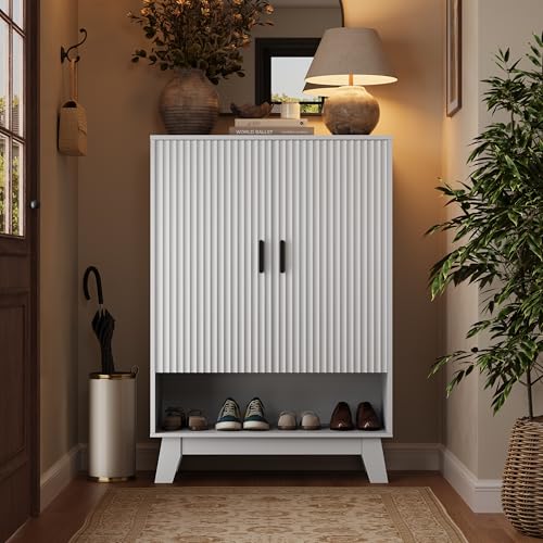 4-Tier Fluted Shoe Cabinet with 2 Doors & Open Shelf, Mid Century Modern Shoe Storage Organizer with Adjustable Shelves, Metal Handles & Wood Legs, Hidden Shoe Rack for Entryway, Hallway - color: White, style: 2 Doors & Open Shelf