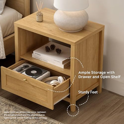 EYYTHUNG Wooden Nightstands Set of 2 with Drawer Modern 24" Wide End Table Night Stand Large Farmhouse Bedside Table with Open Shelf Mid Century Night Stands for Sofa, Natural Oak - color: Natural Oak, size: 2 PCS
