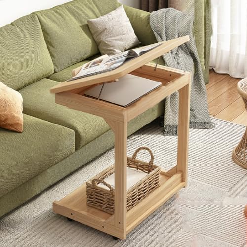 Modern C Shaped End Table, 2 Tier Rolling Side Table for Couch Reading Desk with Storage Adjustable Desktop for Living Room Bedroom (Wood) - color: Wood, size: 40cm