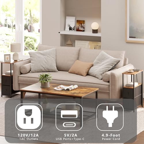 TUTOTAK Small Narrow End Table with Charging Station, Set of 2, Side Table with Outlets, Nightstand with 2 Cloth Drawers, Couch Table, for Living Room, Bedroom, Bedside, Brown and Black TB01BB055K - color: Brown and Black, style: 2 Drawers & Plug