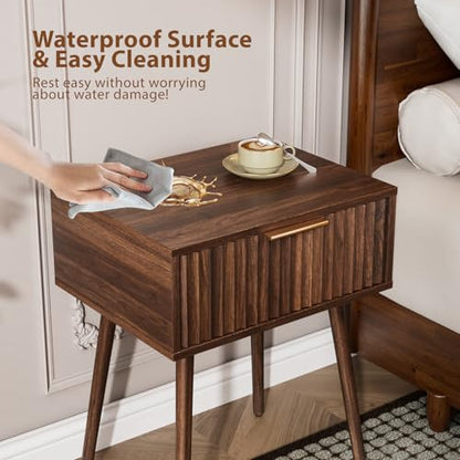 VINGLI Nightstands Set of 2, Fluted Night Stand with Drawer, Bedside Table, Wood Nightstand for Bedroom, Mid Century Modern End Tables, Walnut, 18.9" W*14.96" D*24" H - color: Walnut, size: 19"W-1 Drawer