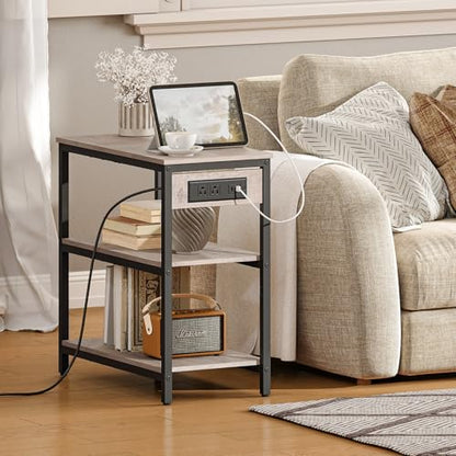 HOOBRO End Table with Charging Station, Side Table with 3 Tier Storage Shelf, Narrow Nightstand for Small Spaces, for Living Room, Bedroom, Easy Assembly, Greige and Black BG149UBZ01 - color: Greige + Black