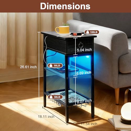 Narrow Nightstand with LED Light, Black End Tables with Charging Station, LED Side Table Living Room with Drawer Storage, Small Bedside Table with Ports and Outlets for Gaming Room - color: Classic Black With Light, style: Modern