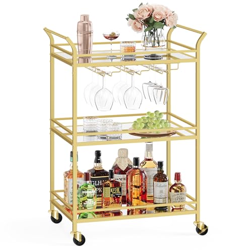 VASAGLE Bar Cart Gold, Small Home Bar Serving Cart with 3-Tier Mirrored Shelf, Wine Holders, Glass Holders, for Small Spaces, Kitchen, 15 x 23.6 x 36.2 Inches, Gold ULRC100A01 - color: Gold, size: 15"D x 23.6"W x 36.2"H