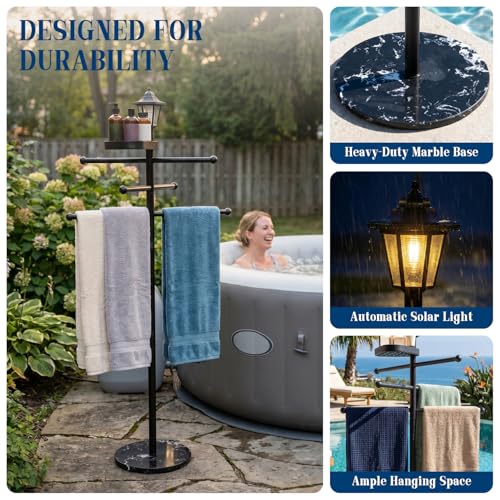 Pool Towel Rack Outdoor with Solar Light, 64" Heavy Duty Pool Towel Holder with Weighted Marble Base, 3-Tier Freestanding Outdoor Towel Rack with Storage Tray for Pool, Hot Tub, Backyard